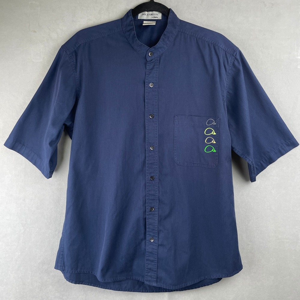 Doc & Amelia‎ by Cintas Navy Blue Band Collar Short Sleeve Button Work Shirt M